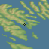 Shaded relief of the 44 km around Strendur, drawn from the GMTED2010 grid