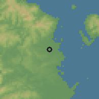 Shaded relief of the 59 km around Korovou, drawn from the GMTED2010 grid