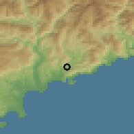 Shaded relief of the 52 km around La Trinité, drawn from the GMTED2010 grid