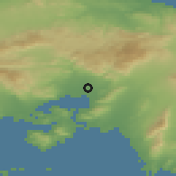 Shaded relief of the 54 km around Asprópirgos, drawn from the GMTED2010 grid