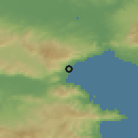 Shaded relief of the 53 km around Asproválta, drawn from the GMTED2010 grid