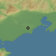 Shaded relief of the 53 km around Ávdira, drawn from the GMTED2010 grid