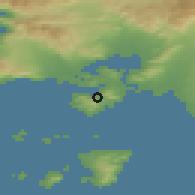 Shaded relief of the 54 km around Aiántion, drawn from the GMTED2010 grid