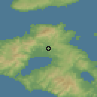 Shaded relief of the 54 km around Ayía Paraskeví, drawn from the GMTED2010 grid