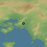 Shaded relief of the 54 km around Ayía Varvára, drawn from the GMTED2010 grid