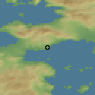 Shaded relief of the 54 km around Áyioi Theódoroi, drawn from the GMTED2010 grid