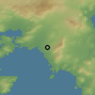 Shaded relief of the 54 km around Áyios Dimítrios, drawn from the GMTED2010 grid