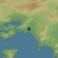 Shaded relief of the 54 km around Áyios Ioánnis Réntis, drawn from the GMTED2010 grid