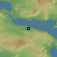 Shaded relief of the 54 km around Áyios Konstantínos, drawn from the GMTED2010 grid