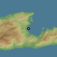 Shaded relief of the 55 km around Áyios Nikólaos, drawn from the GMTED2010 grid