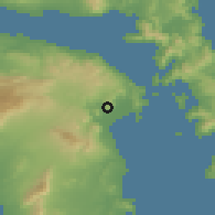 Shaded relief of the 54 km around Áyios Panteleimon, drawn from the GMTED2010 grid