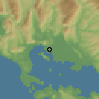 Shaded relief of the 54 km around Áyios Spirídon, drawn from the GMTED2010 grid