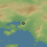 Shaded relief of the 54 km around Dáfni, drawn from the GMTED2010 grid