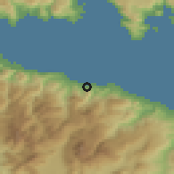 Shaded relief of the 54 km around Dervéni, drawn from the GMTED2010 grid