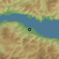 Shaded relief of the 54 km around Aíyion, drawn from the GMTED2010 grid