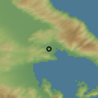 Shaded relief of the 54 km around Dimínion, drawn from the GMTED2010 grid