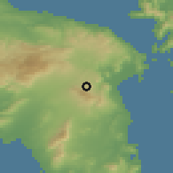 Shaded relief of the 54 km around Diónisos, drawn from the GMTED2010 grid