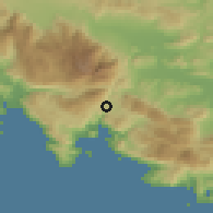 Shaded relief of the 54 km around Dístomon, drawn from the GMTED2010 grid