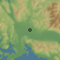Shaded relief of the 54 km around Dokímion, drawn from the GMTED2010 grid