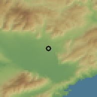Shaded relief of the 53 km around Doxáton, drawn from the GMTED2010 grid