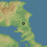 Shaded relief of the 54 km around Drosiá, drawn from the GMTED2010 grid