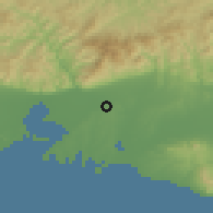 Shaded relief of the 53 km around Aíyiros, drawn from the GMTED2010 grid