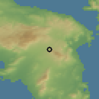 Shaded relief of the 54 km around Ekáli, drawn from the GMTED2010 grid