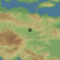 Shaded relief of the 54 km around Elátia, drawn from the GMTED2010 grid