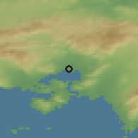 Shaded relief of the 54 km around Eleusís, drawn from the GMTED2010 grid