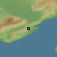 Shaded relief of the 53 km around Eleutheraí, drawn from the GMTED2010 grid