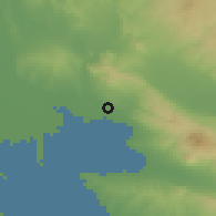 Shaded relief of the 53 km around Eleuthério-Kordelió, drawn from the GMTED2010 grid