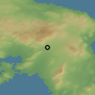 Shaded relief of the 54 km around Akharnaí, drawn from the GMTED2010 grid