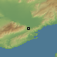 Shaded relief of the 53 km around Eleutheroúpoli, drawn from the GMTED2010 grid