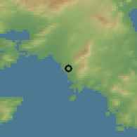 Shaded relief of the 54 km around Ellinikón, drawn from the GMTED2010 grid