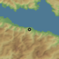 Shaded relief of the 54 km around Akráta, drawn from the GMTED2010 grid