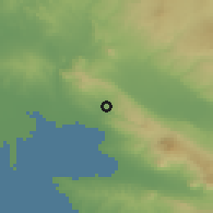 Shaded relief of the 53 km around Eukarpía, drawn from the GMTED2010 grid