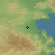 Shaded relief of the 54 km around Euxinoúpolis, drawn from the GMTED2010 grid
