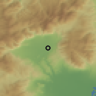 Shaded relief of the 53 km around Exaplátanos, drawn from the GMTED2010 grid