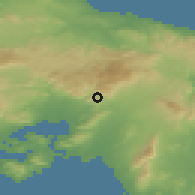 Shaded relief of the 54 km around Filí, drawn from the GMTED2010 grid