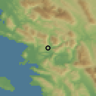 Shaded relief of the 53 km around Filiátes, drawn from the GMTED2010 grid