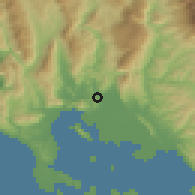 Shaded relief of the 54 km around Filippiás, drawn from the GMTED2010 grid