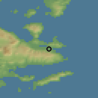Shaded relief of the 54 km around Galatás, drawn from the GMTED2010 grid