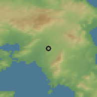 Shaded relief of the 54 km around Galátsion, drawn from the GMTED2010 grid