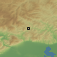 Shaded relief of the 53 km around Glaúki, drawn from the GMTED2010 grid