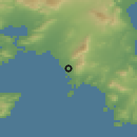 Shaded relief of the 54 km around Glifáda, drawn from the GMTED2010 grid