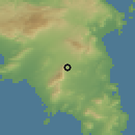 Shaded relief of the 54 km around Gliká Nerá, drawn from the GMTED2010 grid