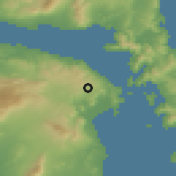 Shaded relief of the 54 km around Grammatikón, drawn from the GMTED2010 grid