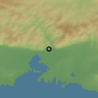 Shaded relief of the 53 km around Íasmos, drawn from the GMTED2010 grid