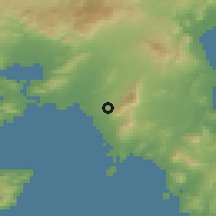 Shaded relief of the 54 km around Ilioúpoli, drawn from the GMTED2010 grid