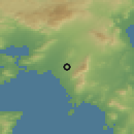Shaded relief of the 54 km around Imittós, drawn from the GMTED2010 grid